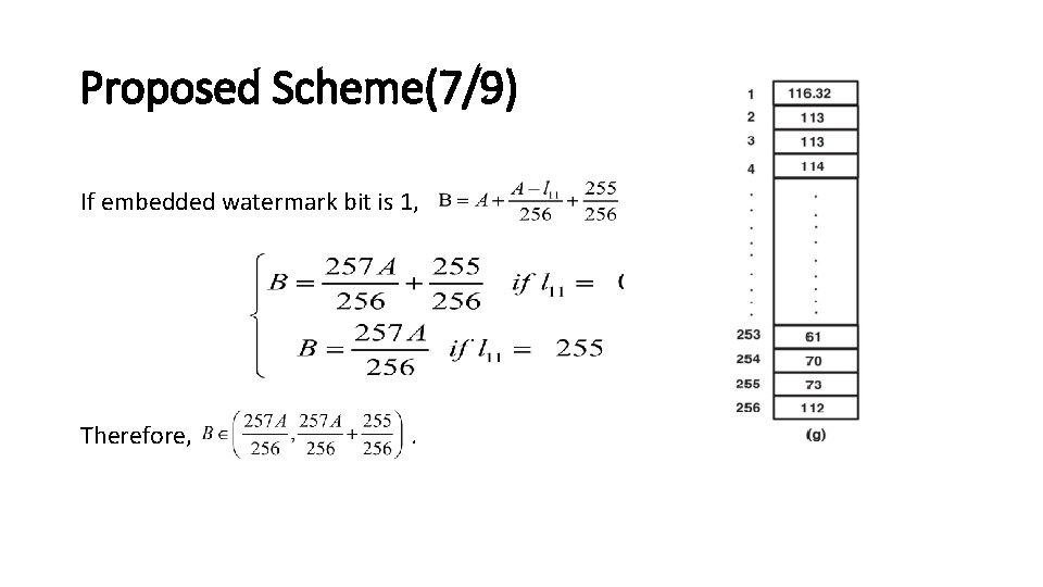 Proposed Scheme(7/9) If embedded watermark bit is 1, Therefore, . 