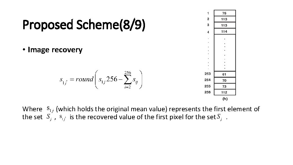 Proposed Scheme(8/9) • Image recovery Where the set (which holds the original mean value)