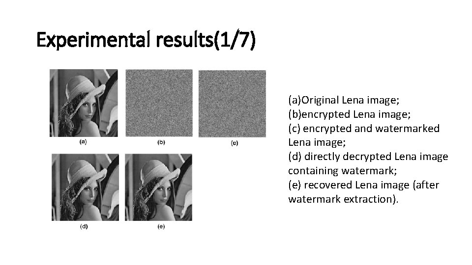 Experimental results(1/7) (a)Original Lena image; (b)encrypted Lena image; (c) encrypted and watermarked Lena image;