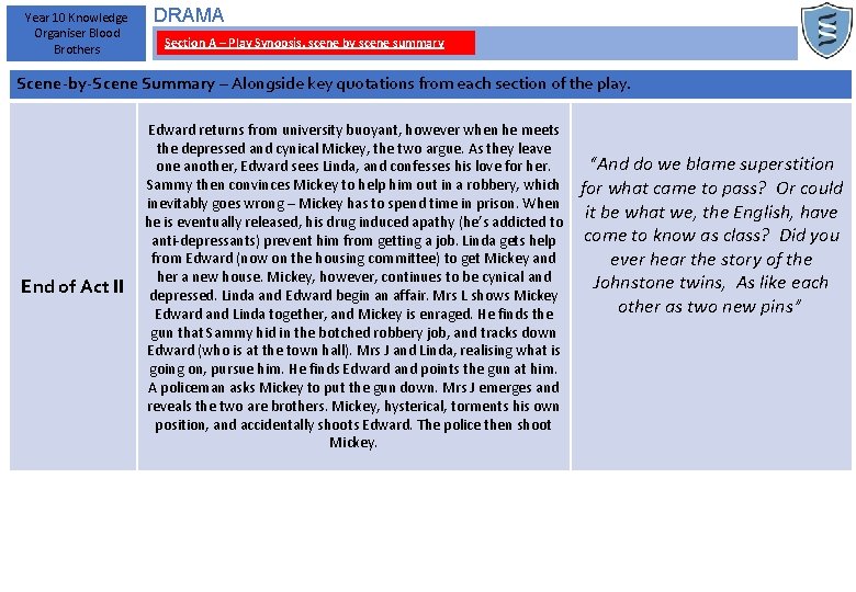 Year 10 Knowledge Organiser Blood Brothers DRAMA Section A – Play Synopsis, scene by
