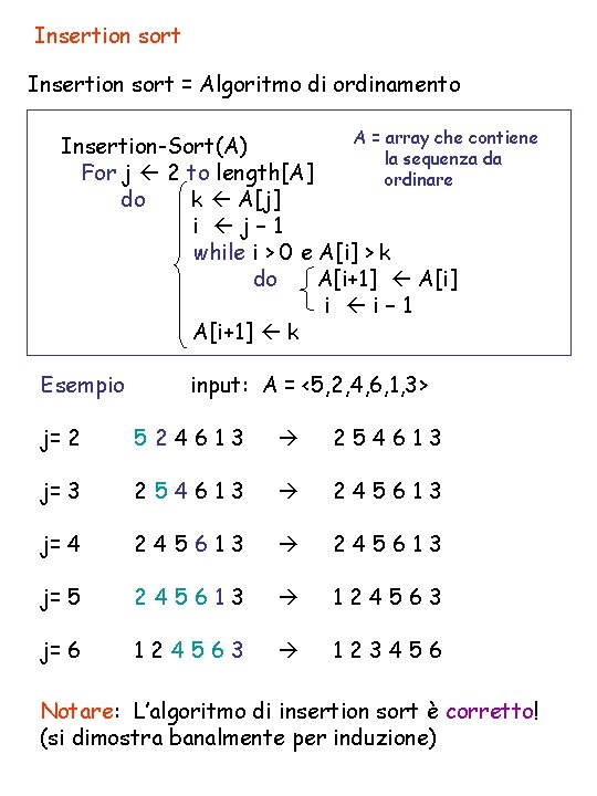 Insertion sort = Algoritmo di ordinamento A = array che contiene Insertion-Sort(A) la sequenza