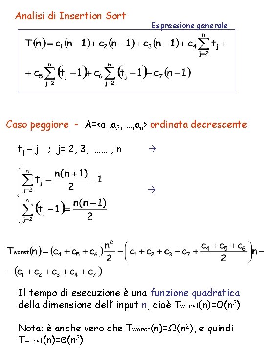 Analisi di Insertion Sort Espressione generale Caso peggiore - A=<a 1, a 2, …,