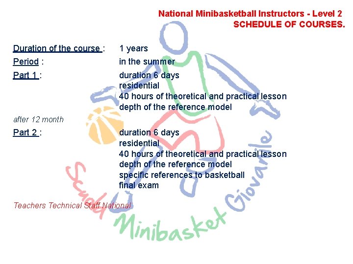 National Minibasketball Instructors - Level 2 SCHEDULE OF COURSES. Duration of the course :