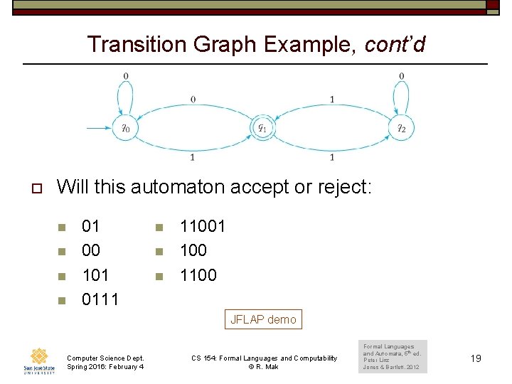 Transition Graph Example, cont’d o Will this automaton accept or reject: n n 01