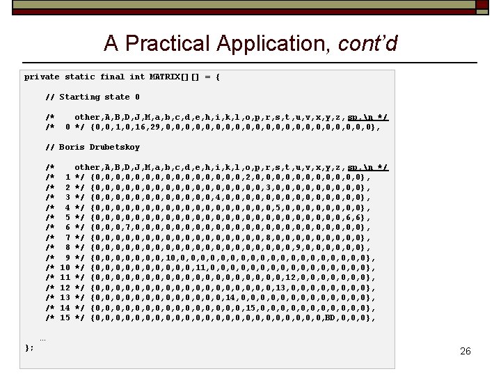 A Practical Application, cont’d private static final int MATRIX[][] = { // Starting state