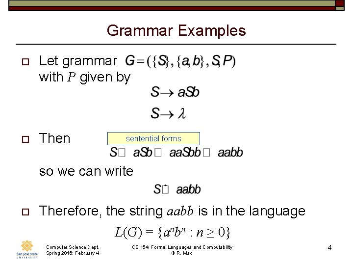 Grammar Examples o Let grammar with P given by o Then sentential forms so