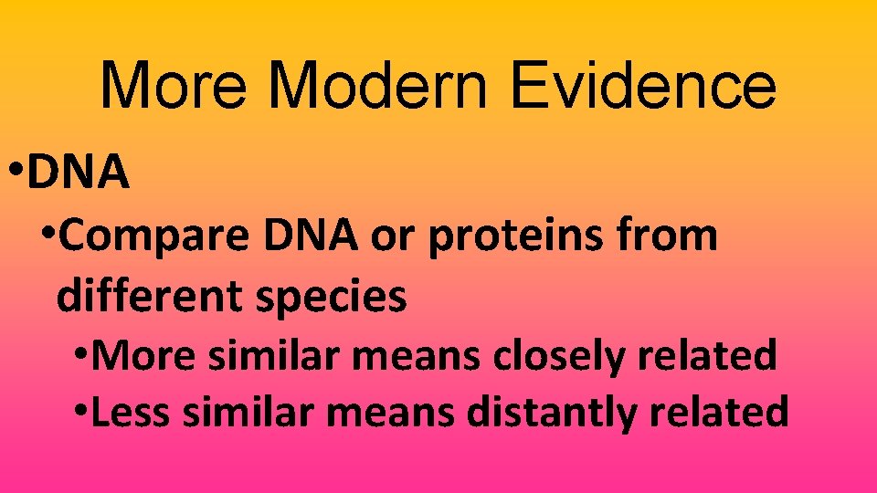 More Modern Evidence • DNA • Compare DNA or proteins from different species •