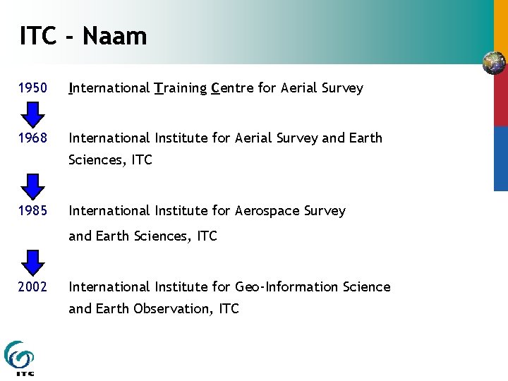 ITC - Naam 1950 International Training Centre for Aerial Survey 1968 International Institute for