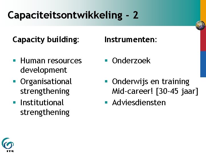 Capaciteitsontwikkeling - 2 Capacity building: Instrumenten: § Human resources development § Organisational strengthening §