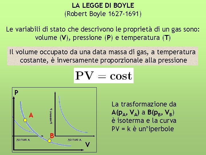 LA LEGGE DI BOYLE (Robert Boyle 1627 -1691) Le variabili di stato che descrivono