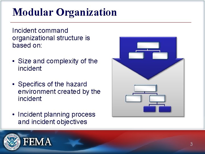 Modular Organization Incident command organizational structure is based on: • Size and complexity of