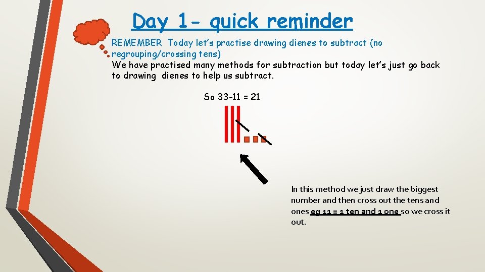 Day 1 - quick reminder REMEMBER Today let’s practise drawing dienes to subtract (no