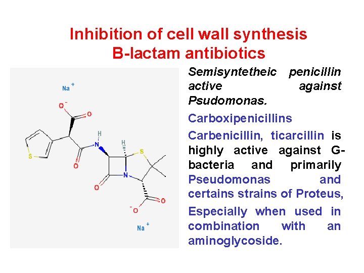 Inhibition of cell wall synthesis B-lactam antibiotics • Semisyntetheic penicillin active against Psudomonas. •