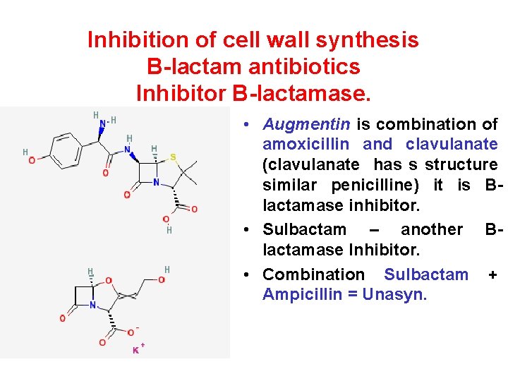 Inhibition of cell wall synthesis B-lactam antibiotics Inhibitor B-lactamase. • Augmentin is combination of