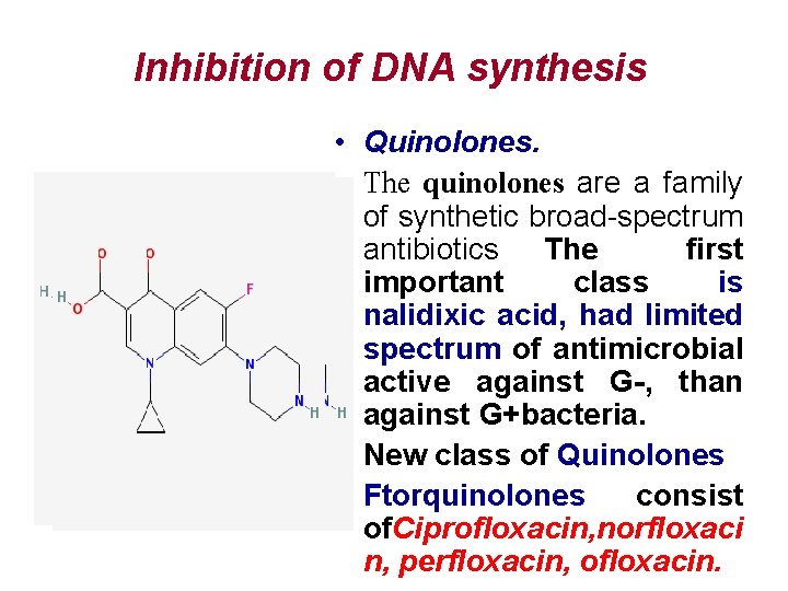 Inhibition of DNA synthesis • Quinolones. • The quinolones are a family of synthetic