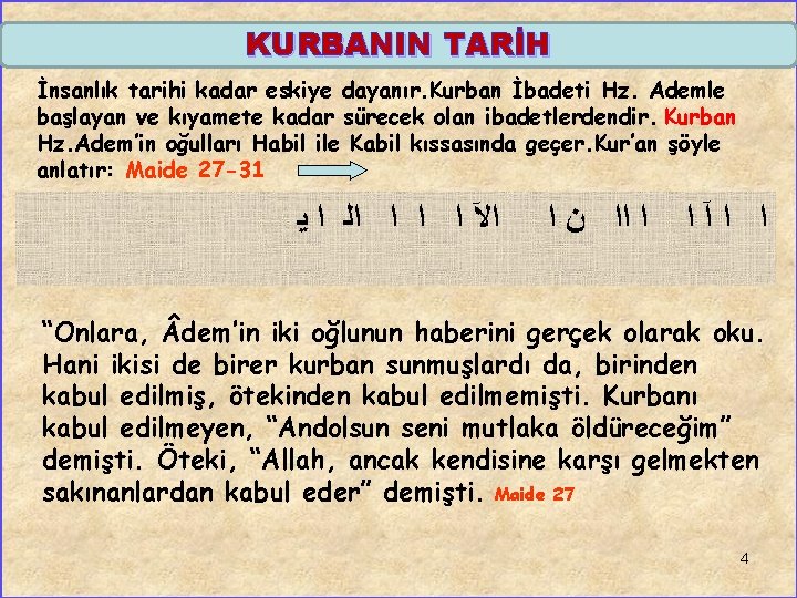 KURBANIN TARİH İnsanlık tarihi kadar eskiye dayanır. Kurban İbadeti Hz. Ademle başlayan ve kıyamete