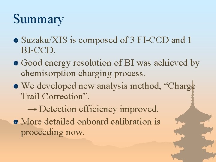 Summary Suzaku/XIS is composed of 3 FI-CCD and 1 BI-CCD. | Good energy resolution