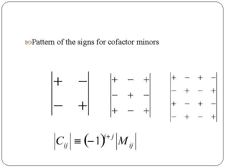  Pattern of the signs for cofactor minors 