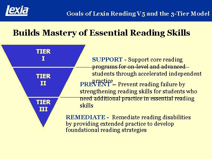 Goals of Lexia Reading V 5 and the 3 -Tier Model Builds Mastery of