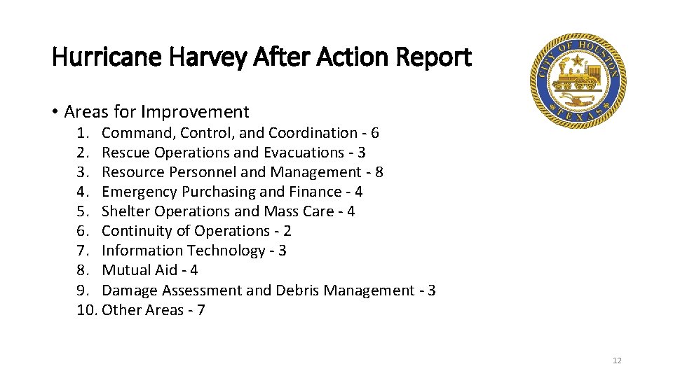 Hurricane Harvey After Action Report • Areas for Improvement 1. Command, Control, and Coordination