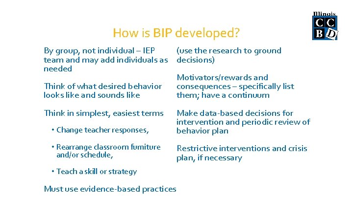 How is BIP developed? By group, not individual – IEP (use the research to