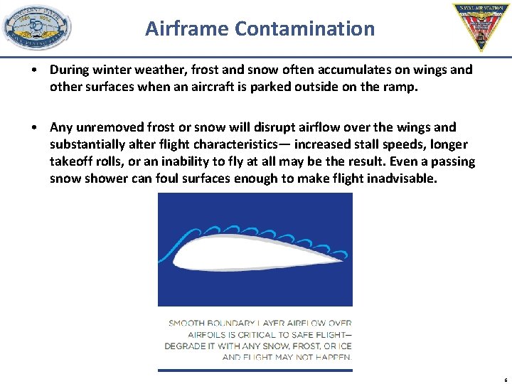 Airframe Contamination • During winter weather, frost and snow often accumulates on wings and