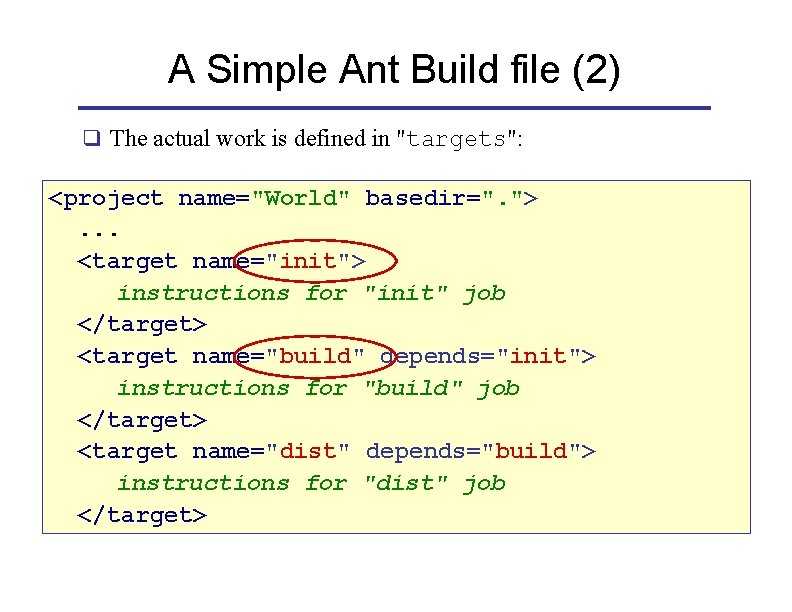 A Simple Ant Build file (2) q The actual work is defined in "targets":