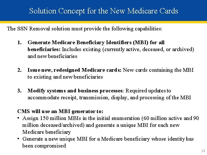 Solution Concept for the New Medicare Cards The SSN Removal solution must provide the