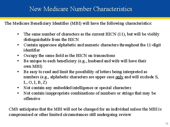 New Medicare Number Characteristics The Medicare Beneficiary Identifier (MBI) will have the following characteristics:
