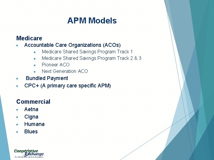 APM Models Medicare Accountable Care Organizations (ACOs) Medicare Shared Savings Program Track 1 Medicare