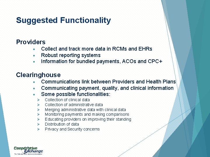 Suggested Functionality Providers Collect and track more data in RCMs and EHRs Robust reporting
