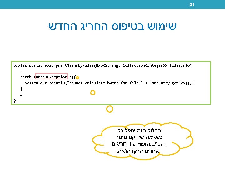 31 שימוש בטיפוס החריג החדש public static void print. Means. By. Files(Map<String, Collection<Integer>> files.