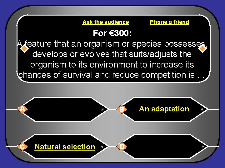 Ask the audience Phone a friend For € 300: A feature that an organism