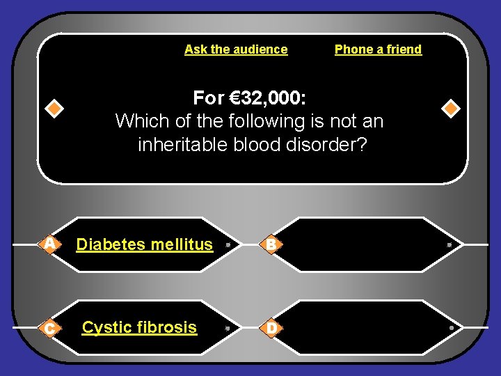 Ask the audience Phone a friend For € 32, 000: Which of the following