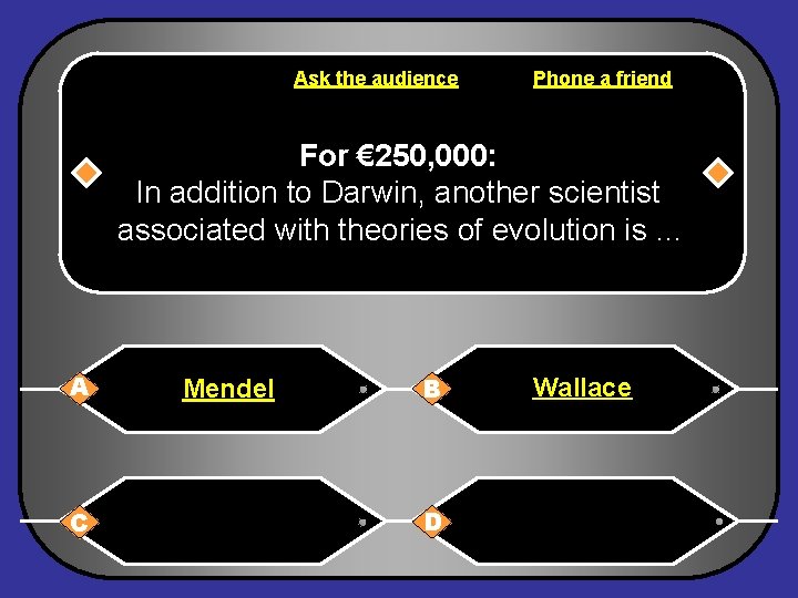 Ask the audience Phone a friend For € 250, 000: In addition to Darwin,