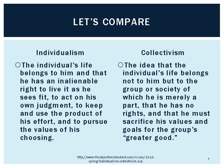 LET’S COMPARE Individualism Collectivism The individual’s life belongs to him and that he has
