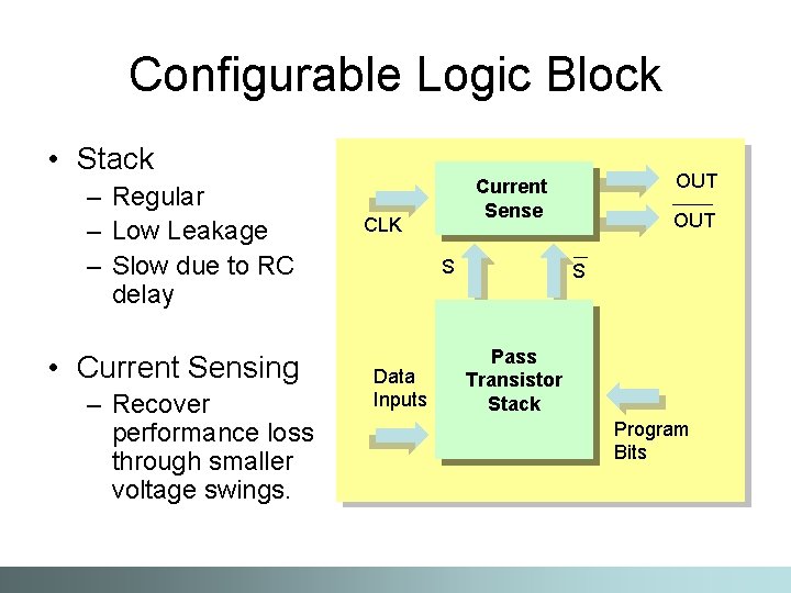 Configurable Logic Block • Stack – Regular – Low Leakage – Slow due to