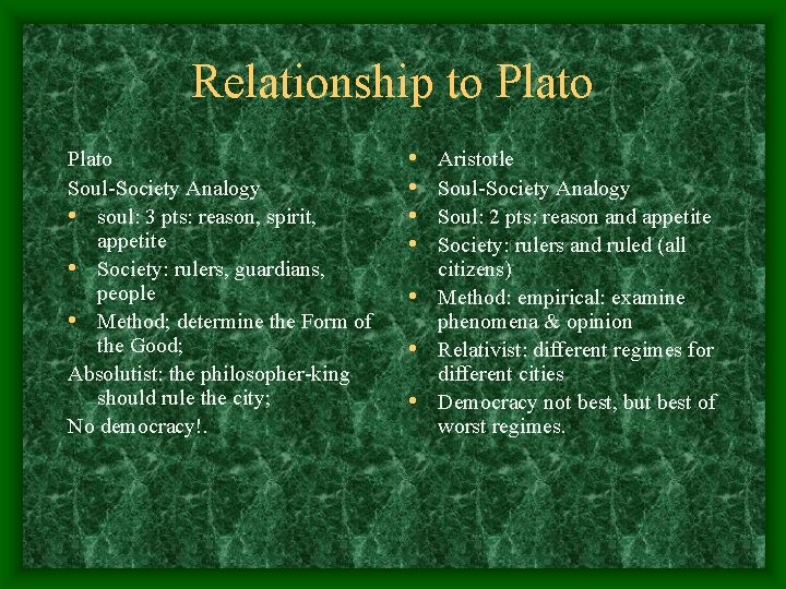 Relationship to Plato Soul-Society Analogy • soul: 3 pts: reason, spirit, appetite • Society: