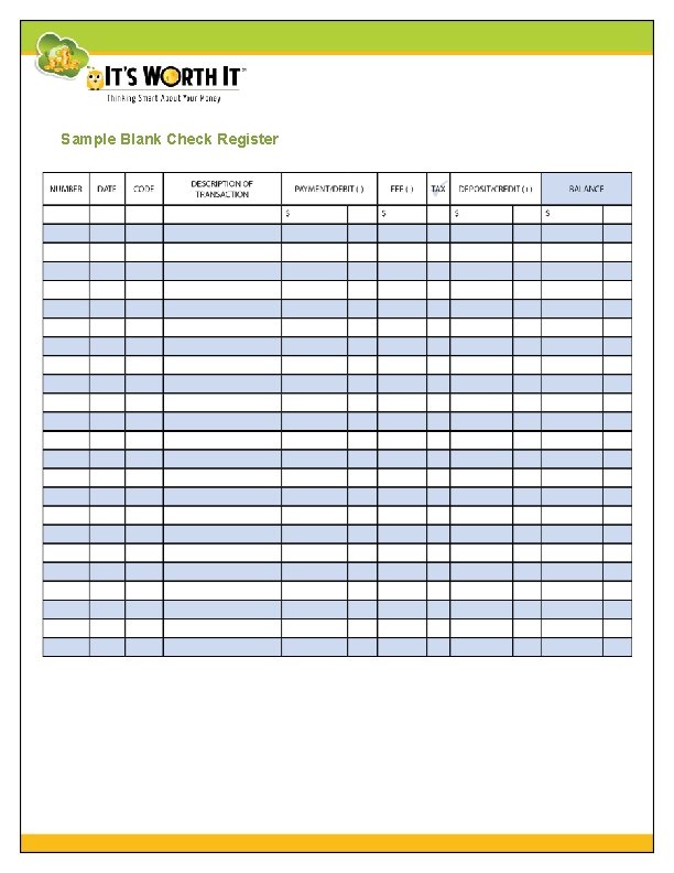 Sample Blank Check Register Sample Blank Check Register