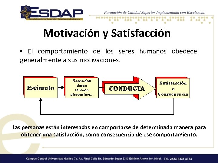 Motivación y Satisfacción • El comportamiento de los seres humanos obedece generalmente a sus