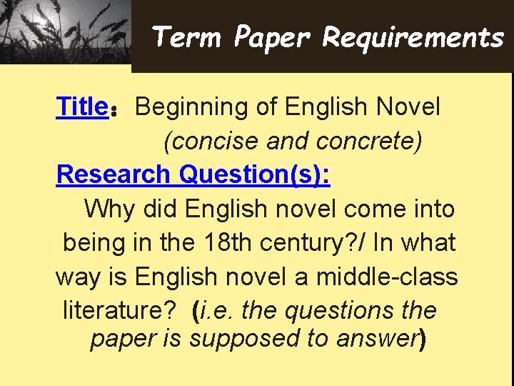 Term Paper Requirements Title：Beginning of English Novel (concise and concrete) Research Question(s): Why did
