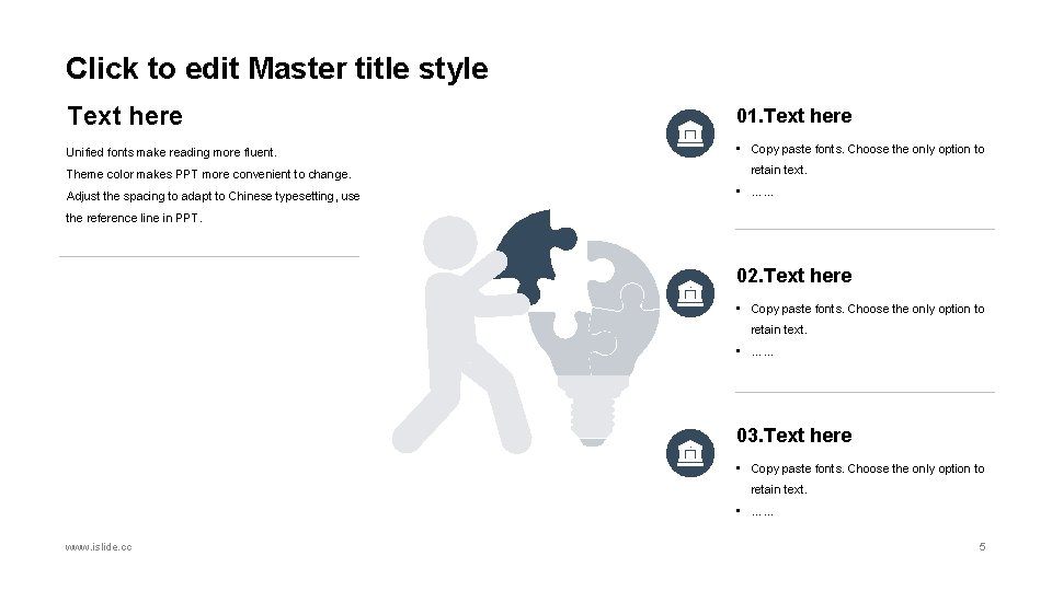 Click to edit Master title style Text here 01. Text here Unified fonts make