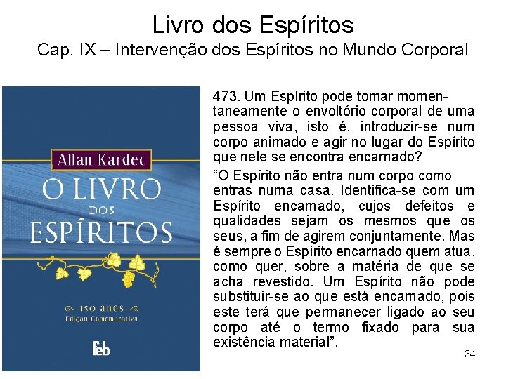 Livro dos Espíritos Cap. IX – Intervenção dos Espíritos no Mundo Corporal 473. Um