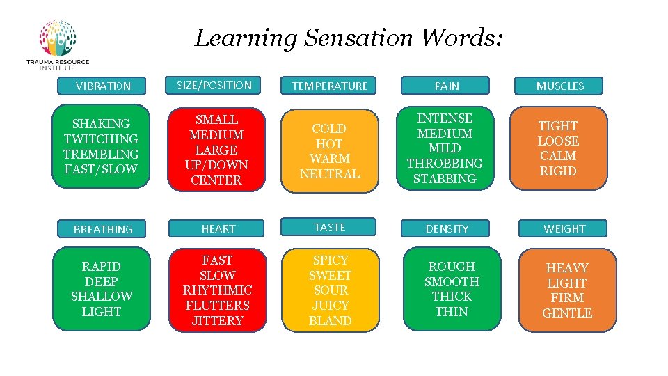 Learning Sensation Words: VIBRATI 0 N SIZE/POSITION TEMPERATURE PAIN MUSCLES SHAKING TWITCHING TREMBLING FAST/SLOW