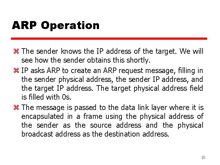 ARP Operation z The sender knows the IP address of the target. We will