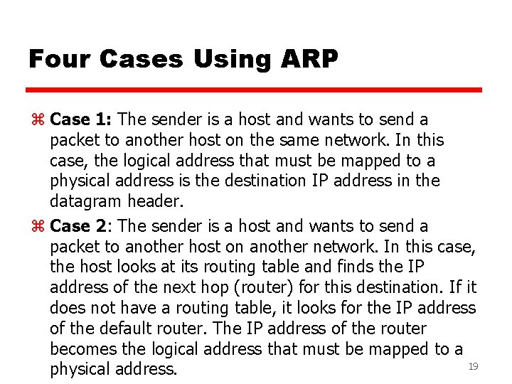 Four Cases Using ARP z Case 1: The sender is a host and wants