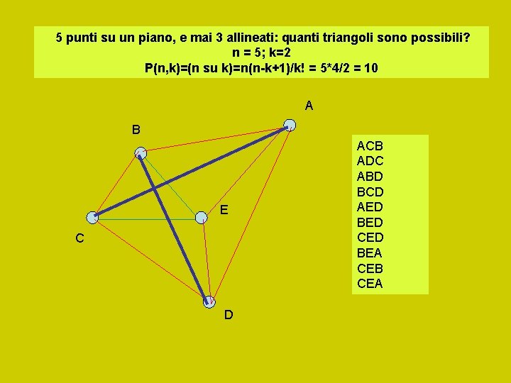 5 punti su un piano, e mai 3 allineati: quanti triangoli sono possibili? n