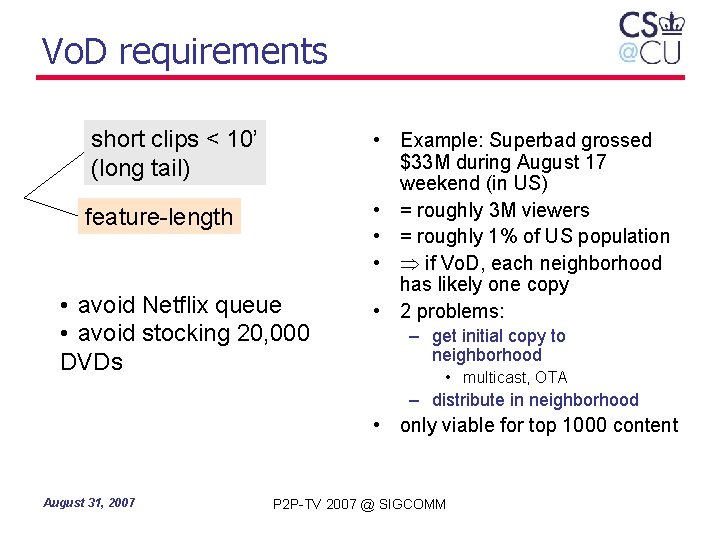 Vo. D requirements short clips < 10’ (long tail) feature-length • avoid Netflix queue