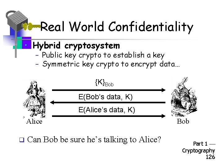 Real World Confidentiality • Hybrid cryptosystem – Public key crypto to establish a key