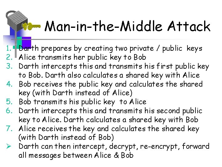 Man-in-the-Middle Attack 1. Darth prepares by creating two private / public keys 2. Alice